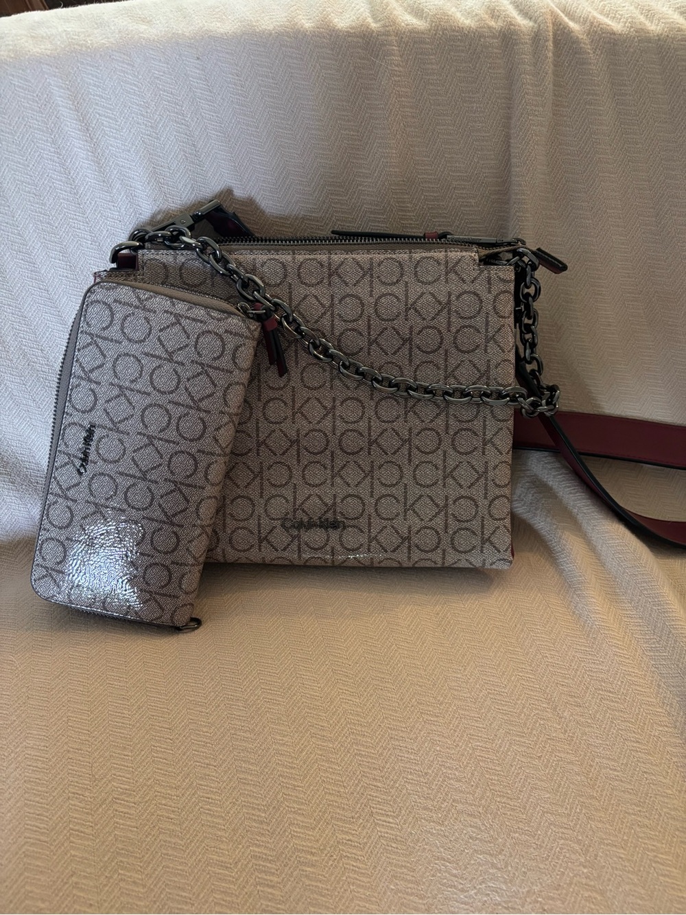 Calvin Klein Taupe Logo Canvas Crossbody with Chain Strap